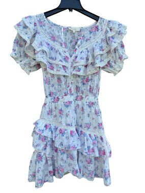 Fanco Floral Tiered Ruffle Mini Dress Lace Trim Cottagecore Boho Coquette Small